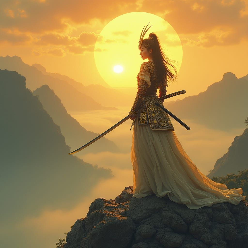 Samurai Warrior on Windswept Peak at Dawn