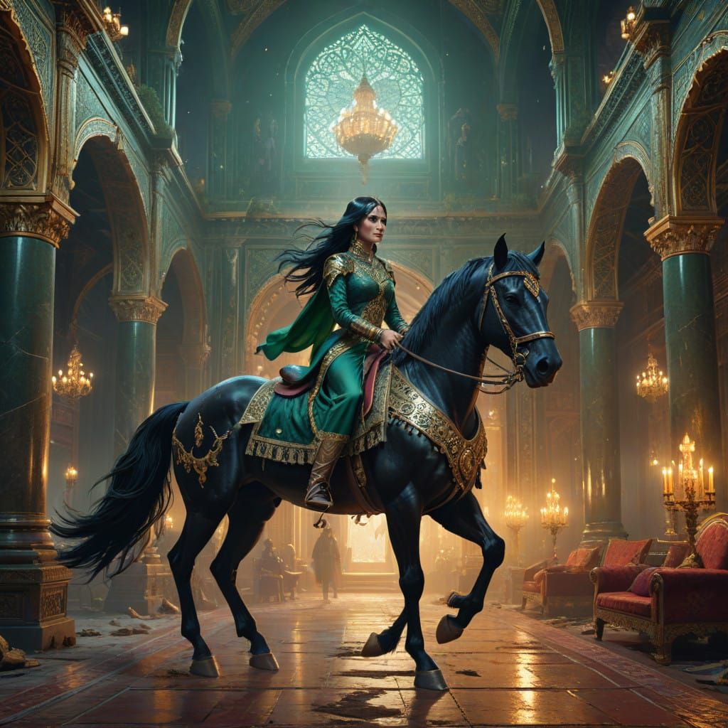 Amazonian Queen Rides Majestic Black Stallion in Grand India...