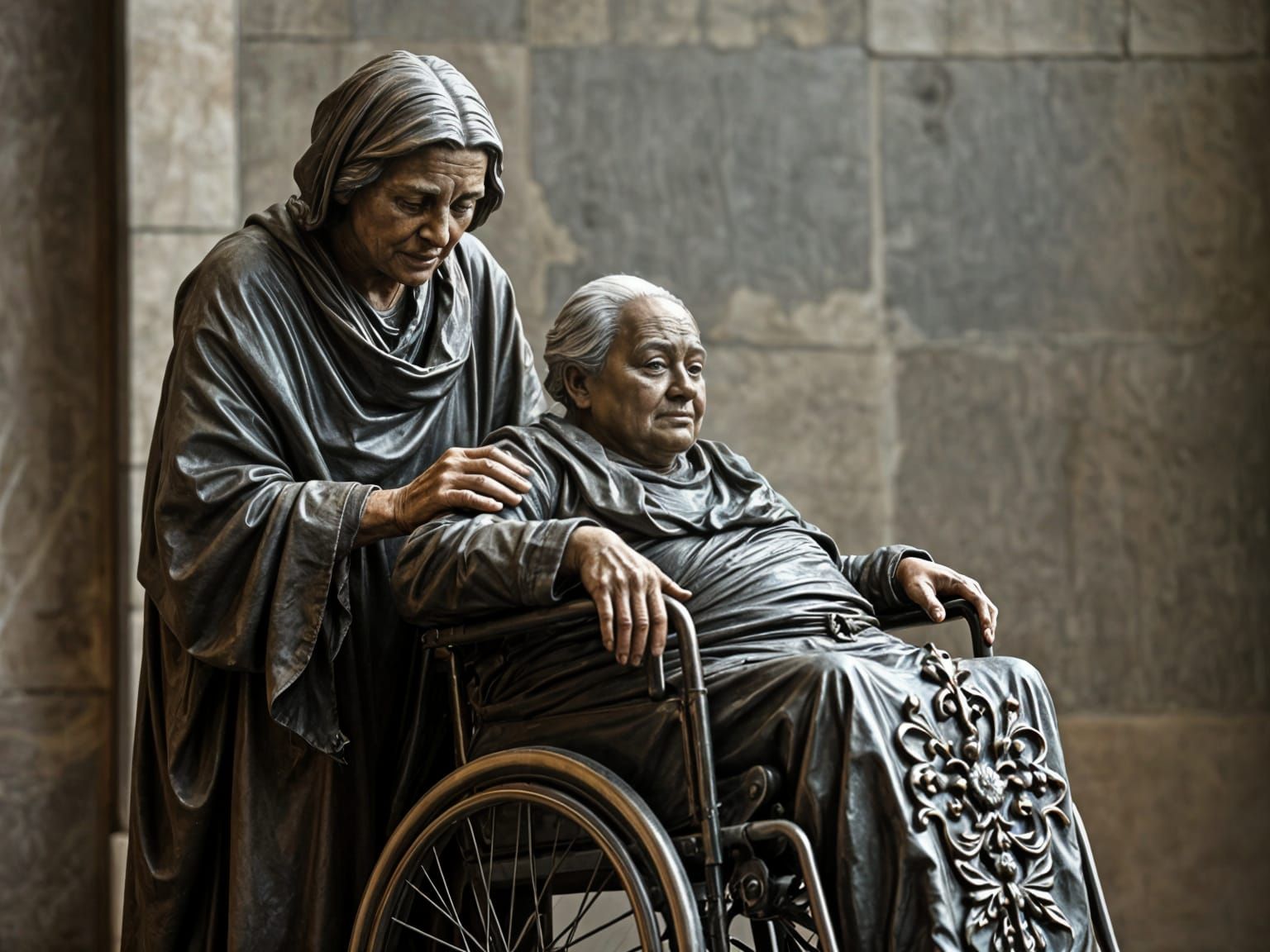 Bronze Statue: Woman Helping Another in Wheelchair