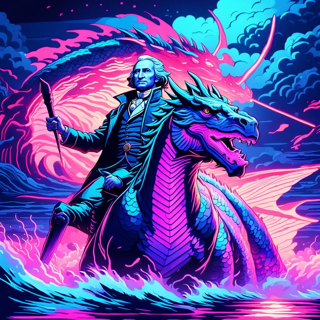 George Washington Rides a Dragon in Synthwave Neon Style