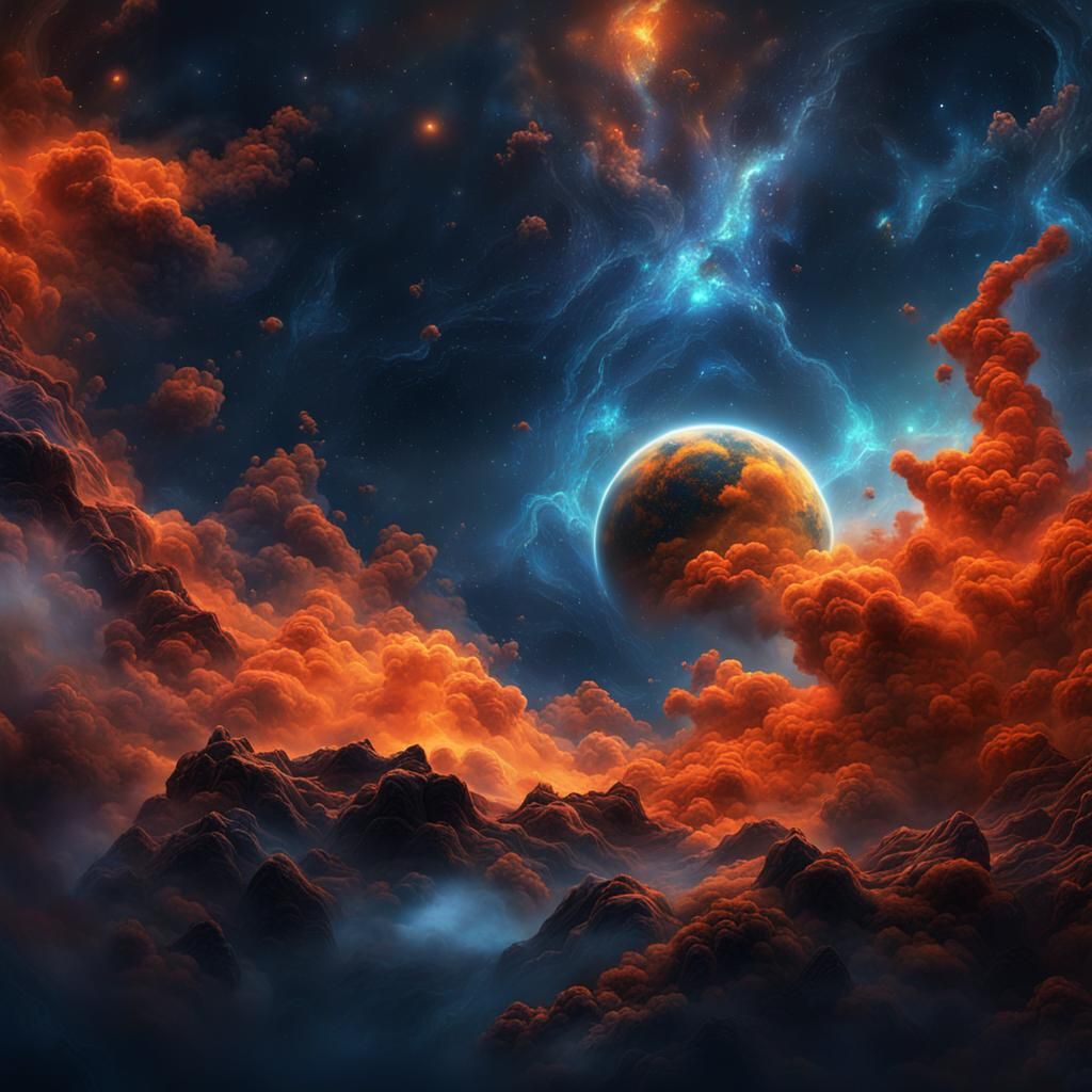 Surreal Nebula Dreamscape in Dark Orange and Blue