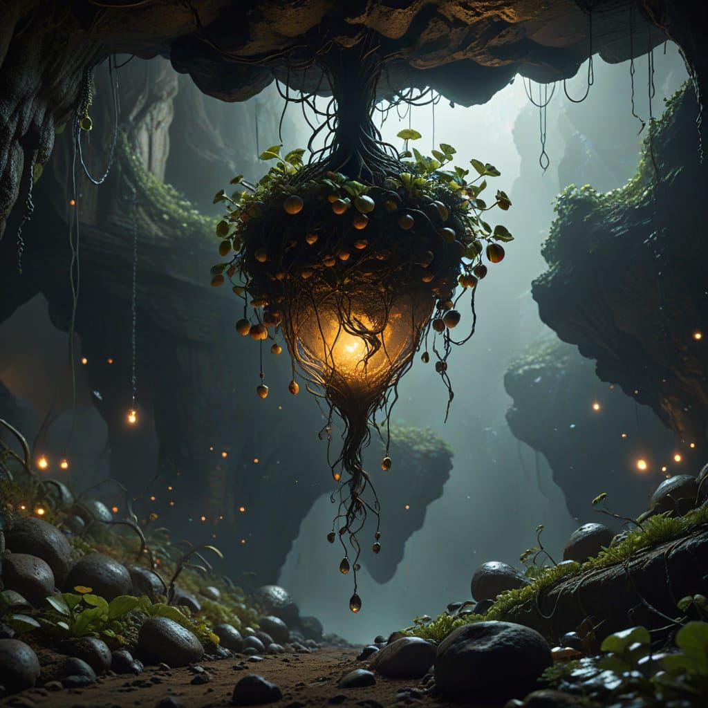 Upside Down Gravity Root Lantern in Dark Fantasy Art