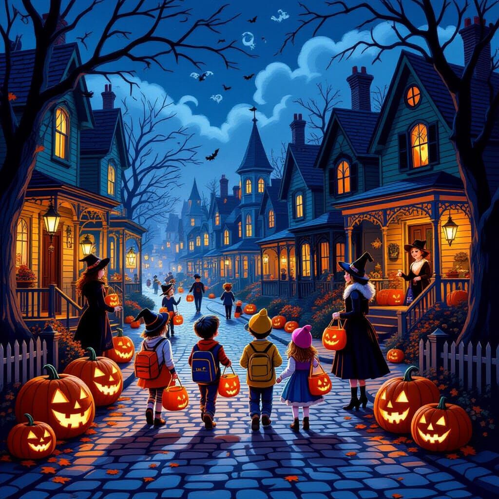 Whimsical Halloween Town Scene with Trick-or-Treaters