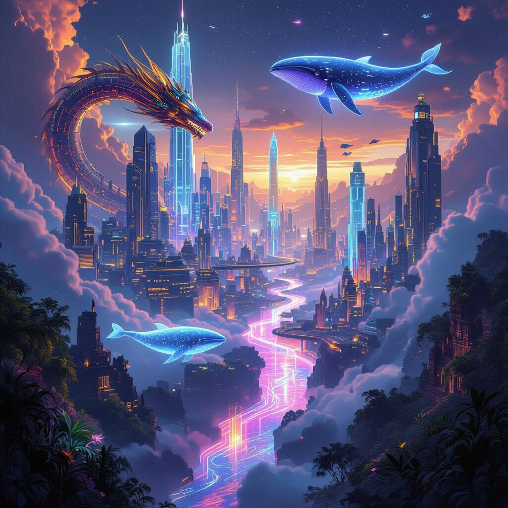 Surreal Futuristic City with Mechanical Dragons