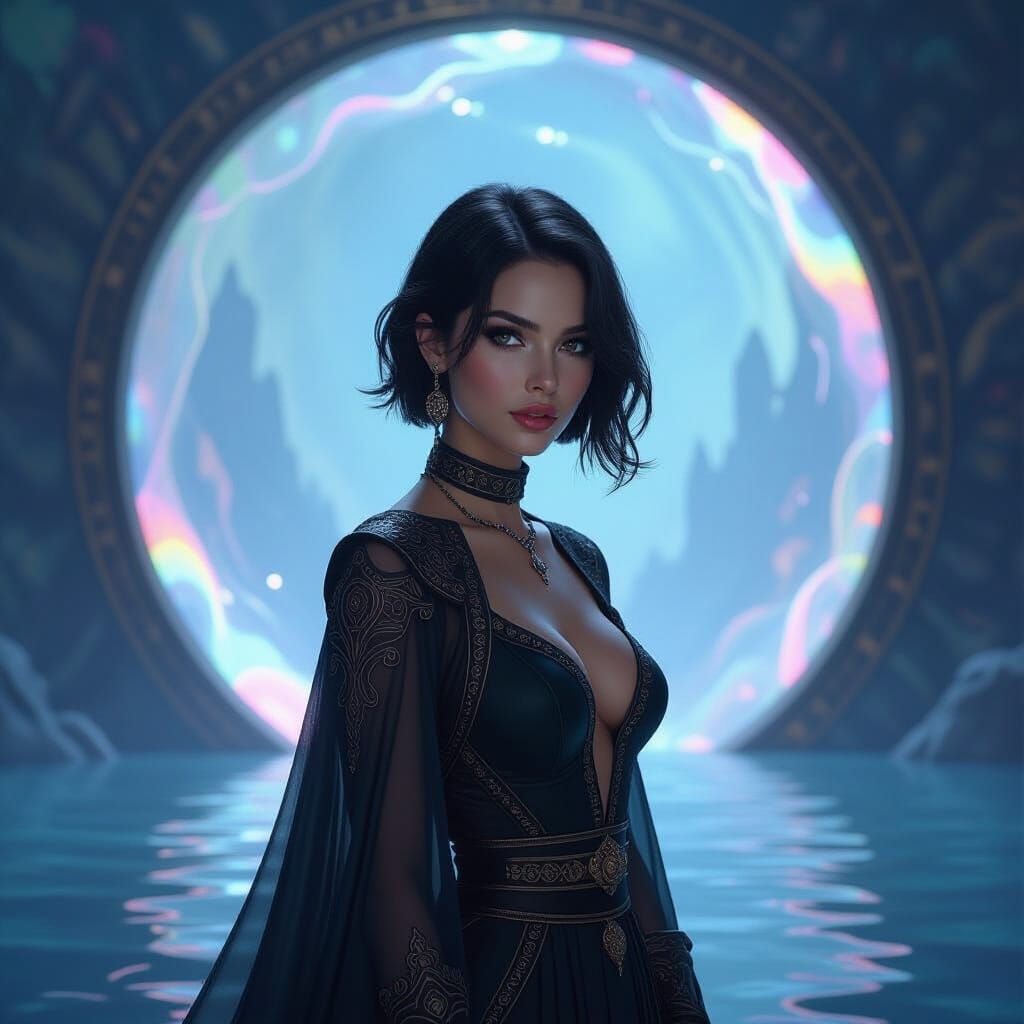 Mysterious Woman at Shimmering Portal, Mystical Art