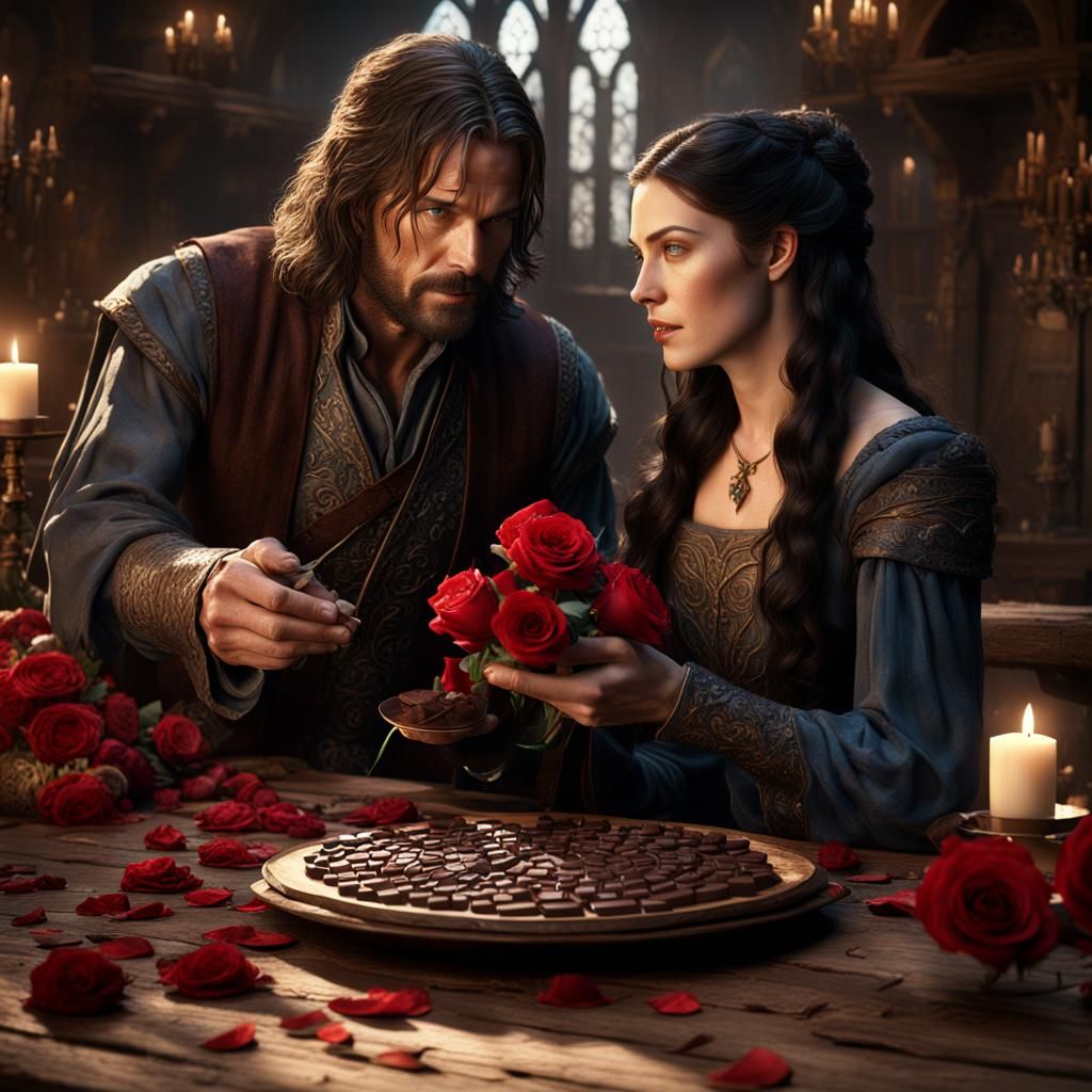 Romantic Fantasy Scene with Chocolate and Roses