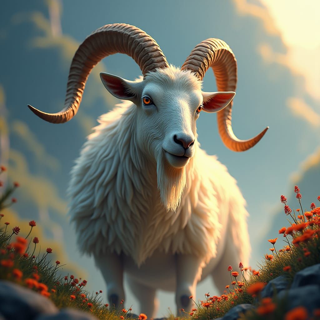 Majestic Goat in Golden Fantasy Landscape