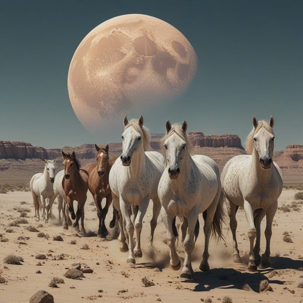 Spectral Horses Stampede Under Twin Moons in Alien Desert