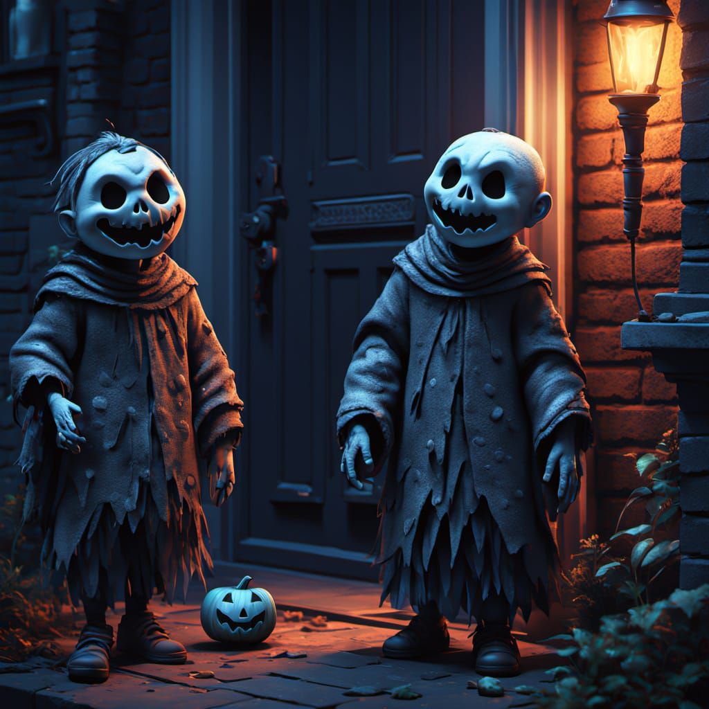 Ghostly Children Trick-Or-Treating in Eerie Fog