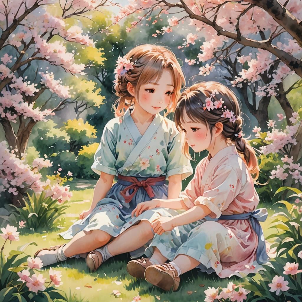 Baby Girls Plaiting Hair in Anime Watercolor Garden