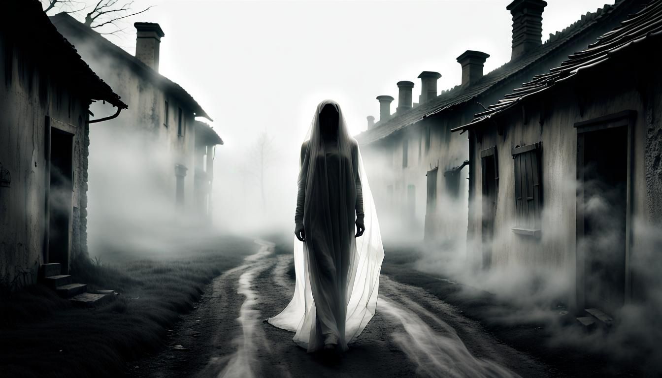 Eerie Ghost Woman in Foggy Village Alley