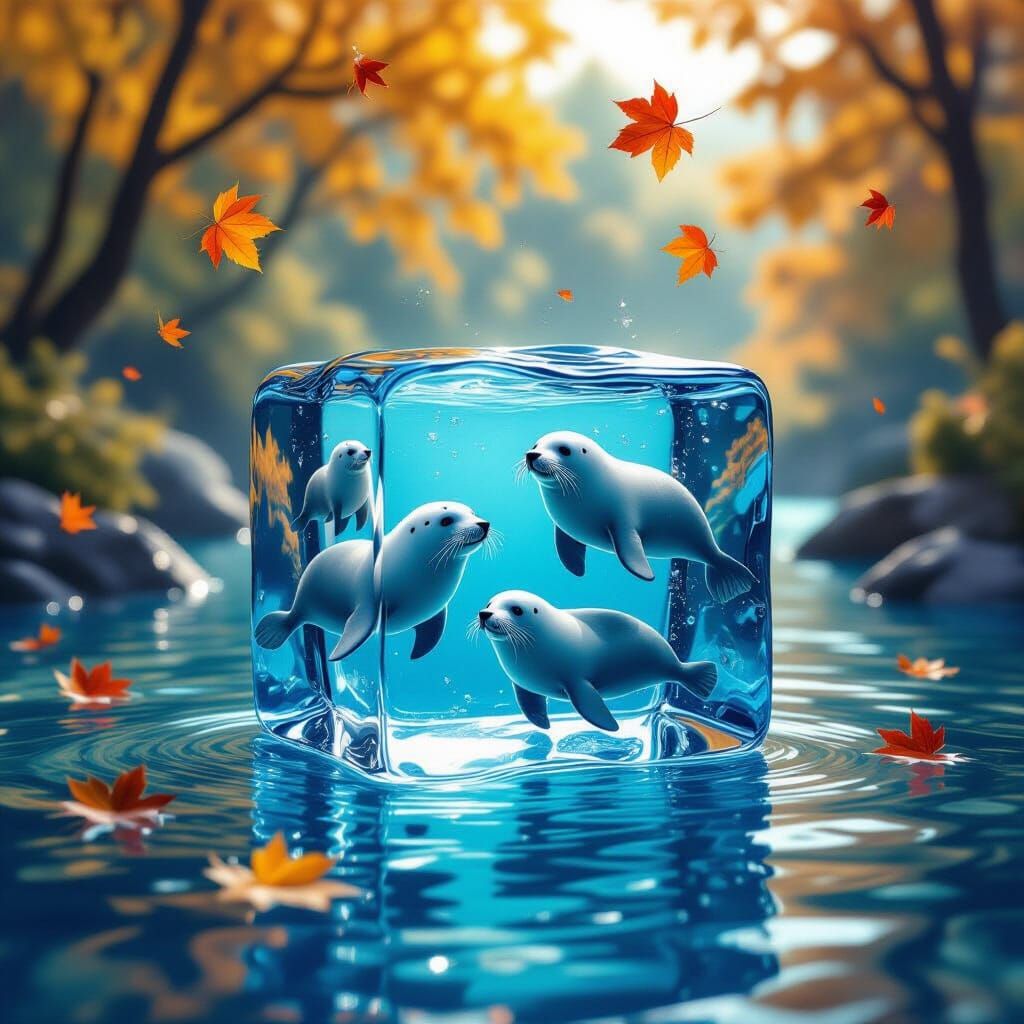 Seals Swimming in Glass Ice Cube With Autumn Background