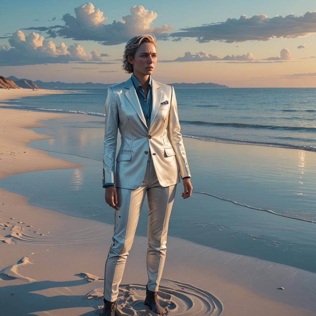 Woman in Atreides Suit at Water's Edge