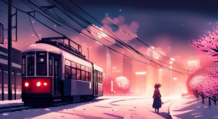 Tram Ride Through Winter Cherry Blossoms: Anime Key Visual