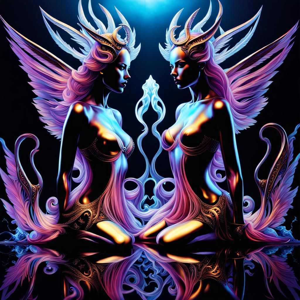 Mirrored Demonic Reflection in Eerie Baroque Style