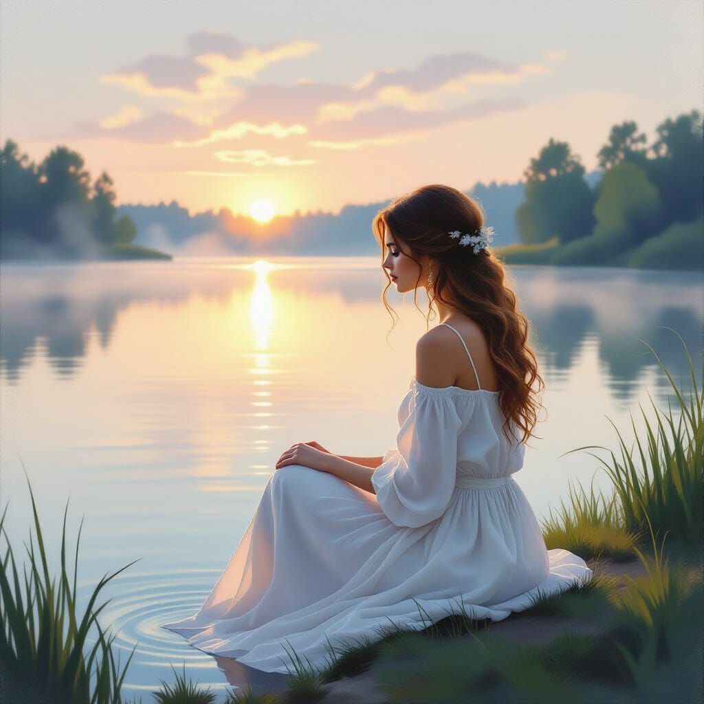Serene Woman by Tranquil Lake at Dawn in Gouache Style
