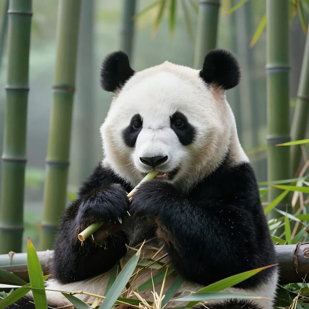 Photorealistic Panda Eating Bamboo at Dawn in Misty Forest