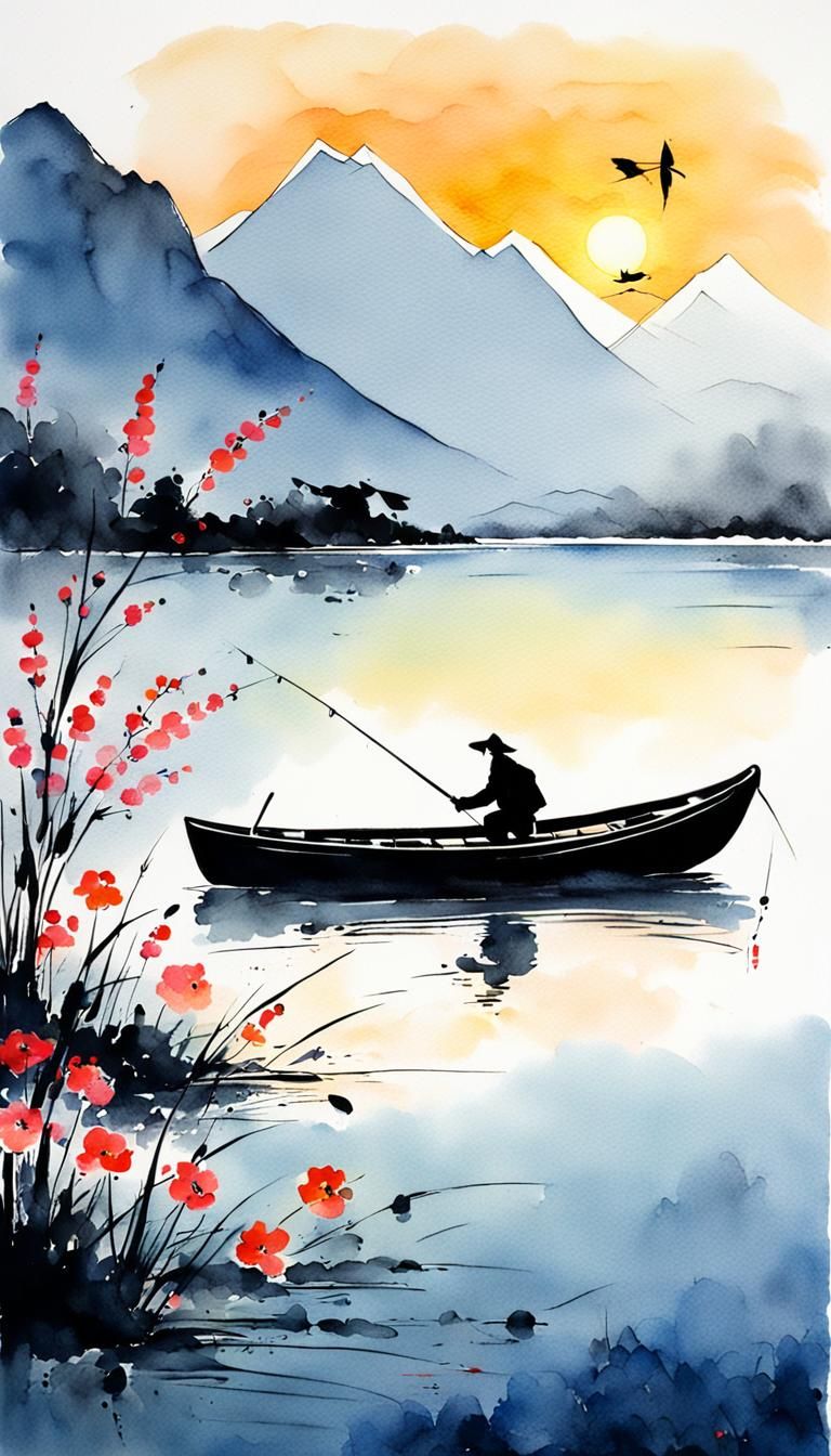 Minimalist Chinese Ink Painting of Angler at Sunset
