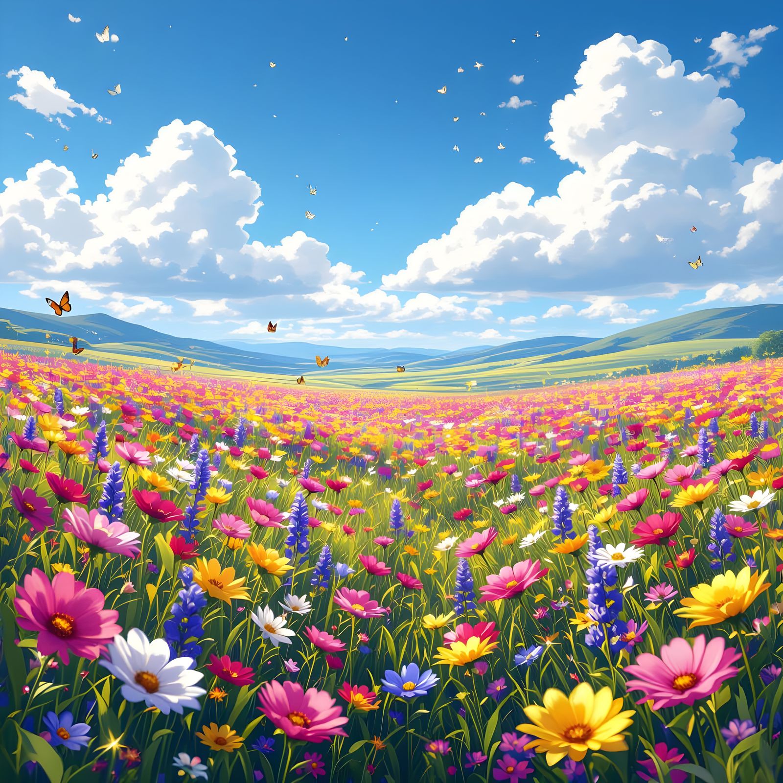 Vast Wildflower Field Under Blue Sky - Anime Style