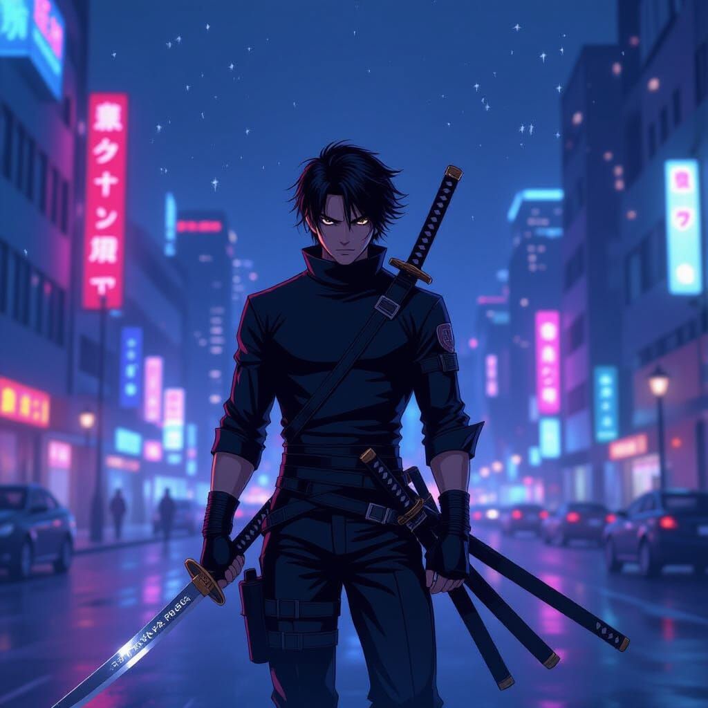 Anime Swordsman in Neon Cityscape