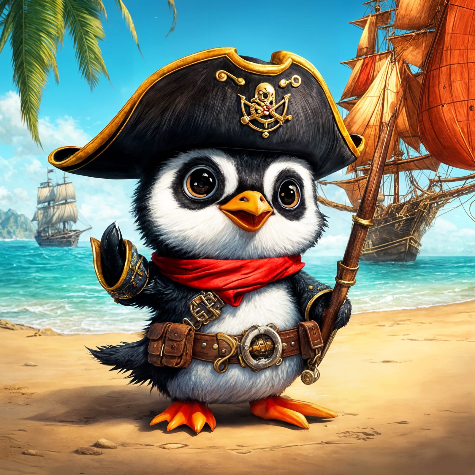 Cute Pirate Penguin in 1970s Chibi Style