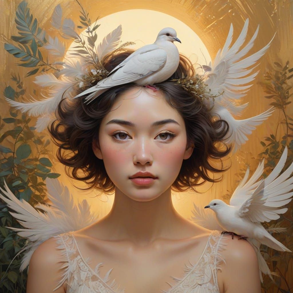Whimsical Gentle Soul with Dove and Soft Feathery Halo
