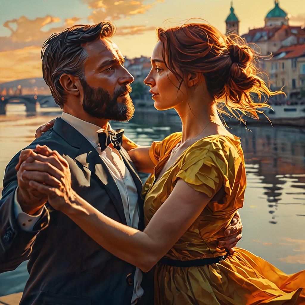 Romantic Danube River Dance in Gouache Style