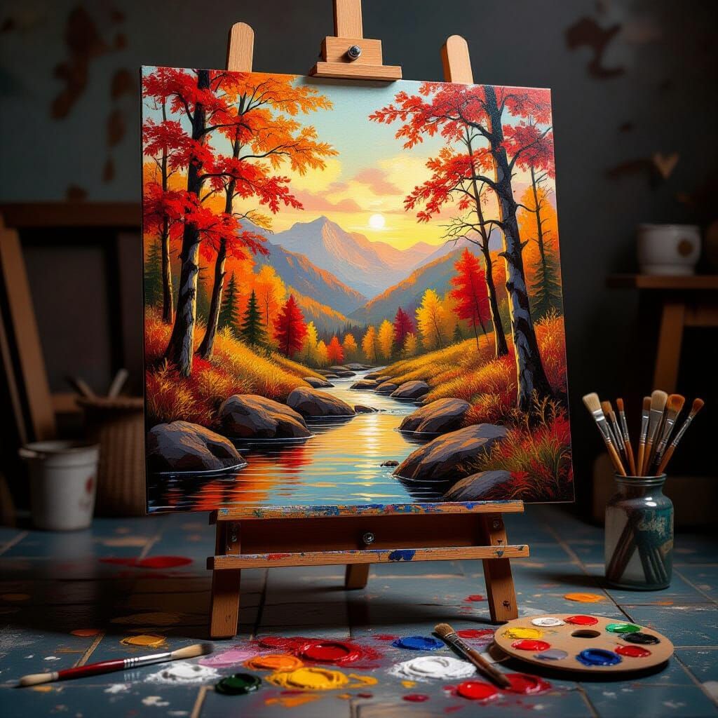 Autumn Forest Landscape Painted on Easel