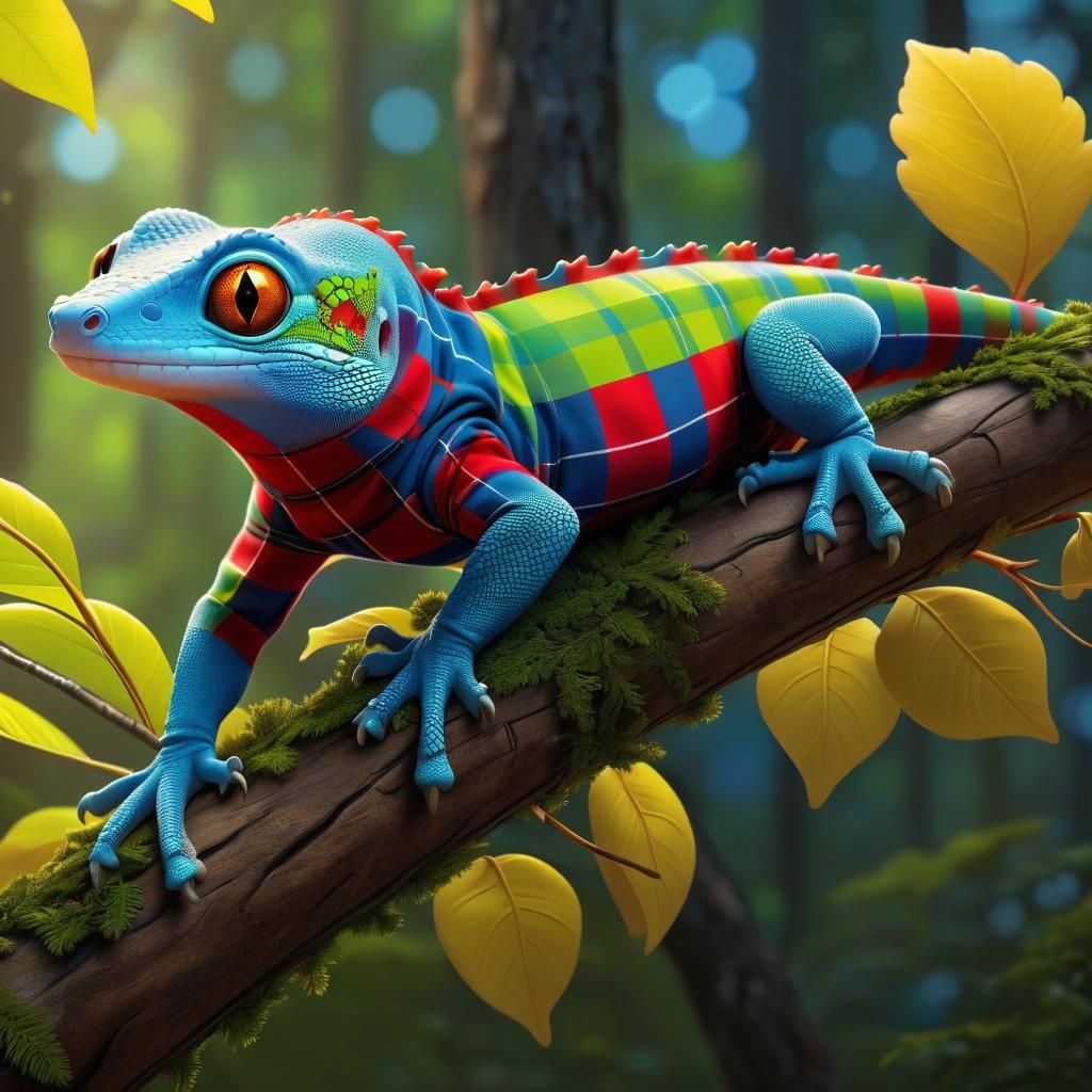 Plaid Gecko in Enchanted Forest, Digital Art