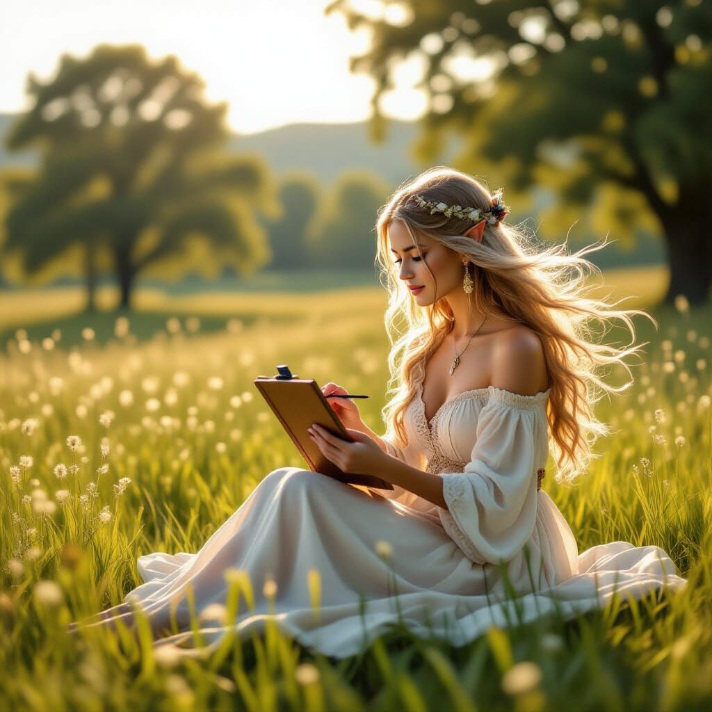 Ethereal Elf Painting in a Sunlit Meadow