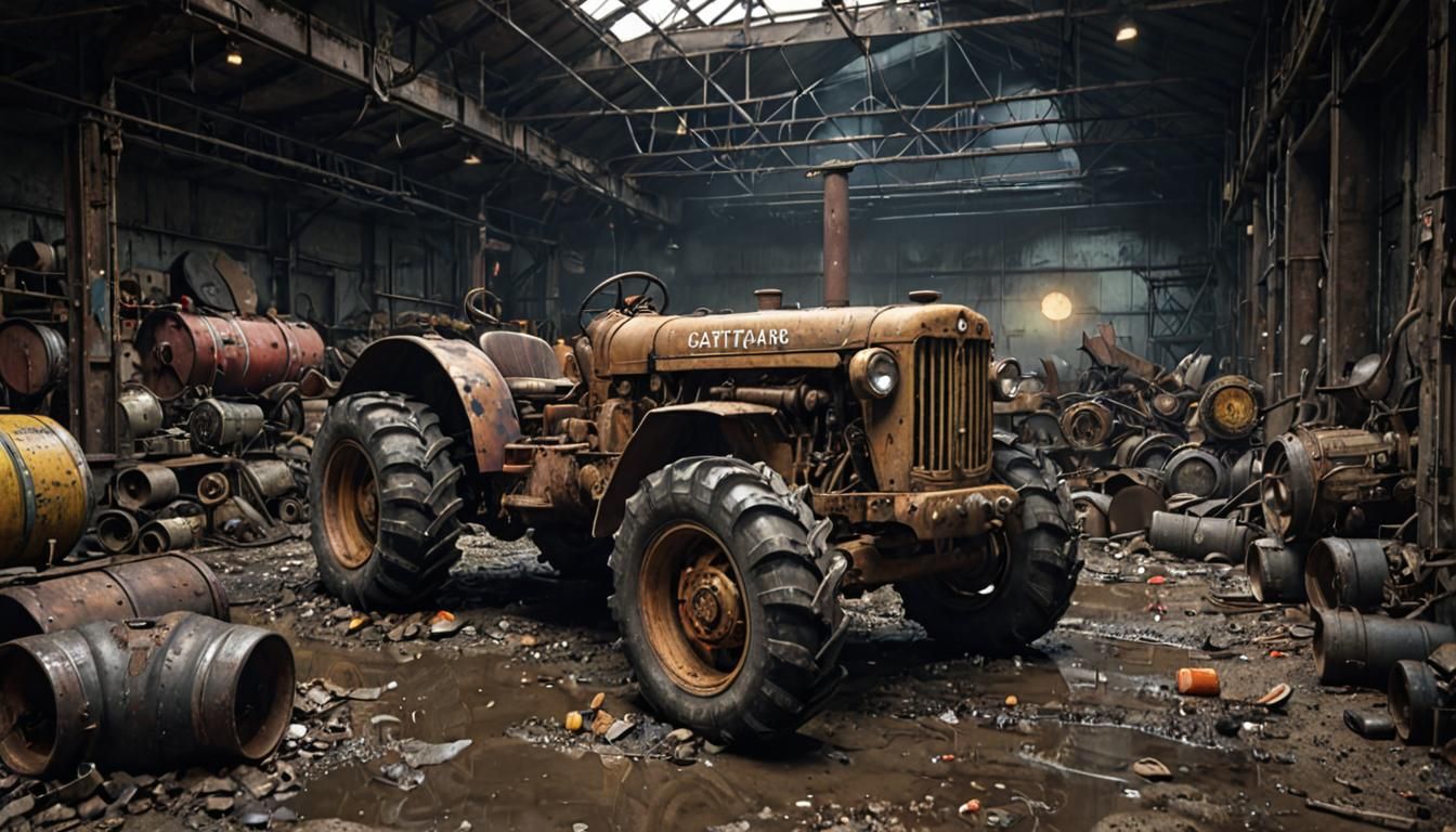 Grimdark 1940s Ruined Industrial Workshop Interior