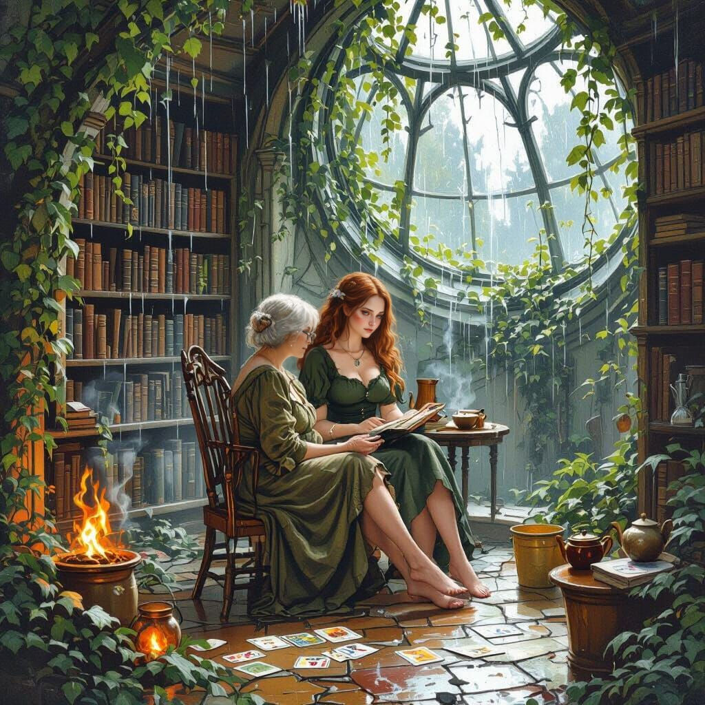 Librarian in Decayed Library, Whimsical Oil Painting