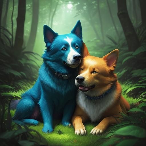 Dogs Cuddling in Lush Forest: Fantasy Illustration
