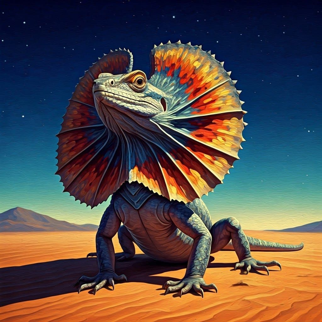 Frilled-Neck Lizard in Starry Desert: Impasto Oil Painting