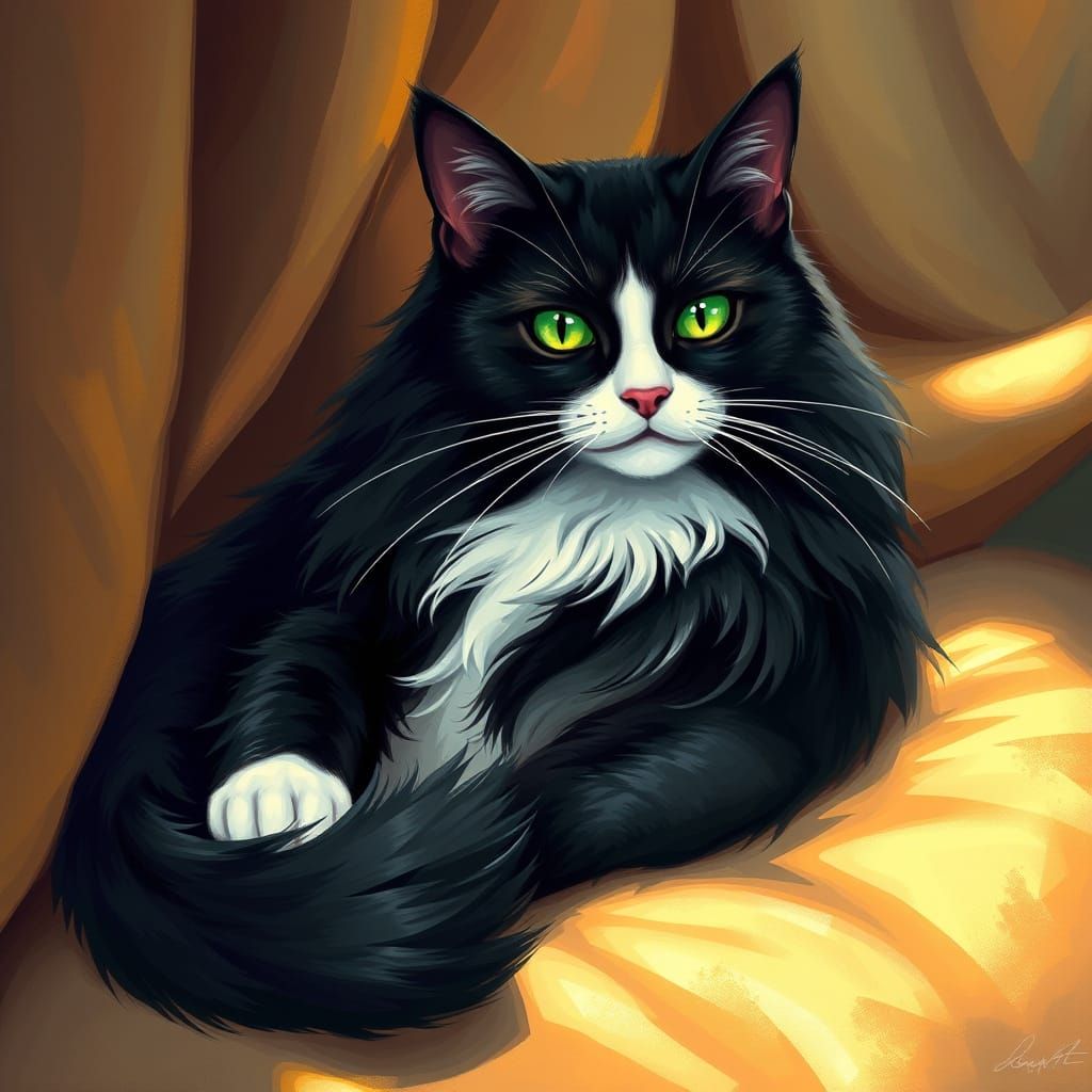 Regal Tuxedo Cat in Whimsical Dreamlike Style