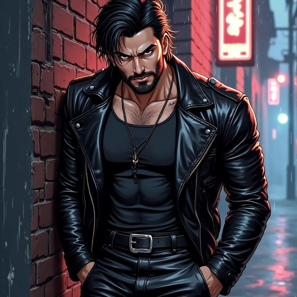 Anime Man in Leather Leaning Against Brick Wall