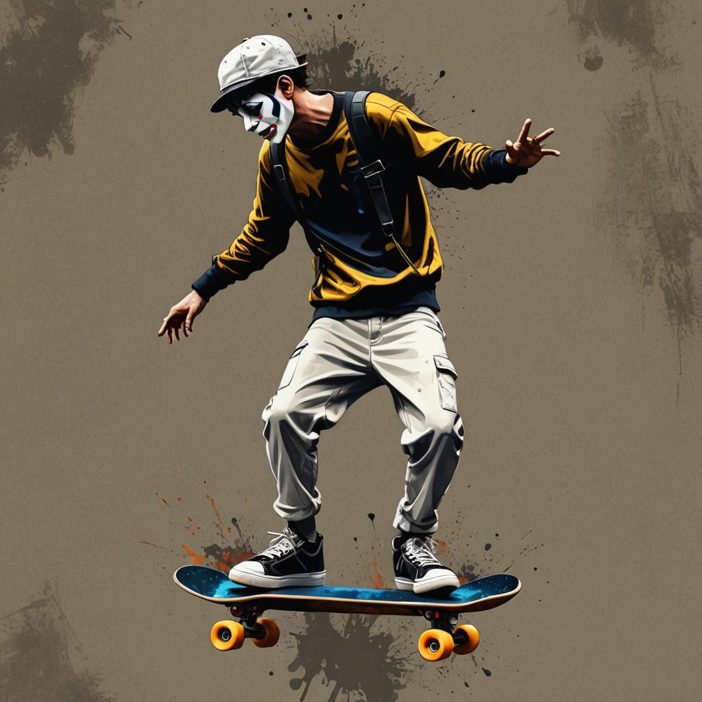 Skateboarding Mime in Hyperrealistic Digital Art