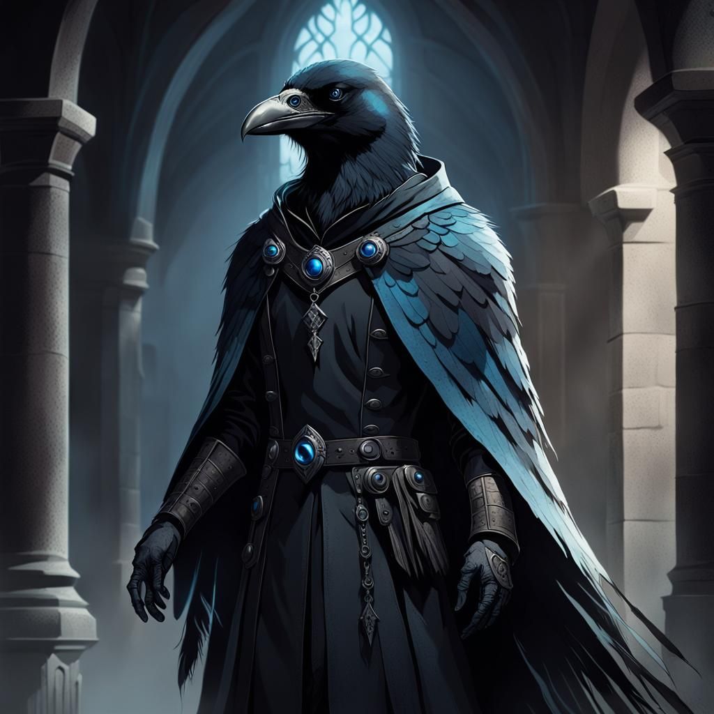 Dark Fantasy Crow-Humanoid Inquisitor in Gothic Setting