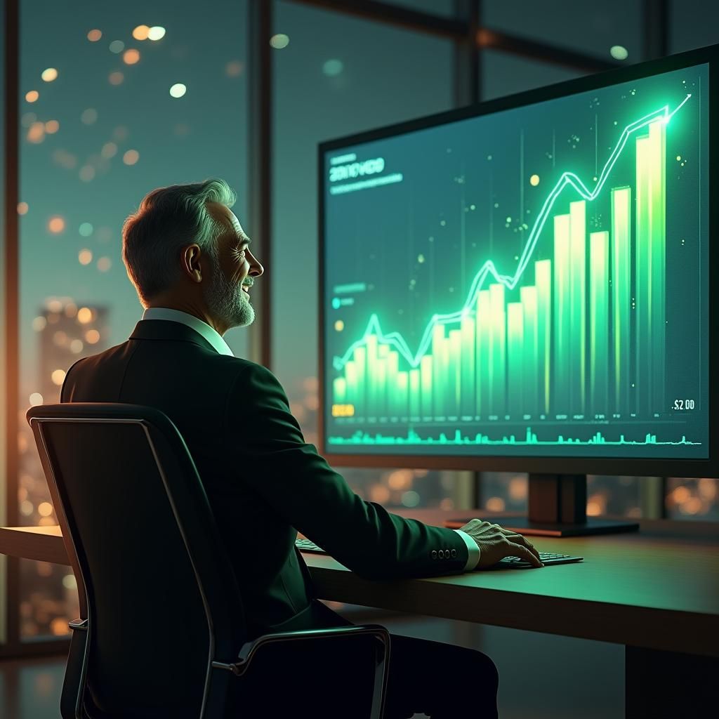 Happy Businessman Sees Earnings Skyrocket, Futuristic Concep...