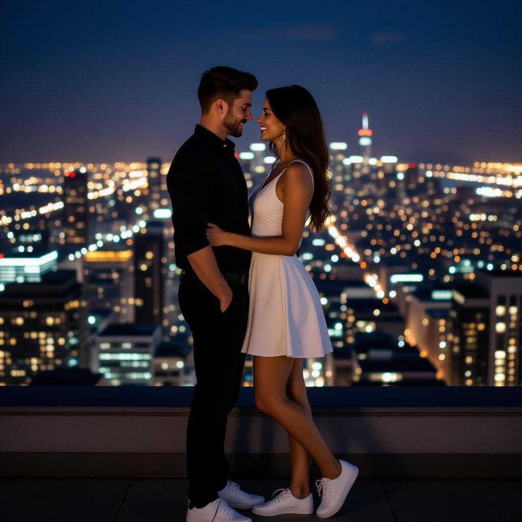 Couple on Rooftop Overlooking Cityscape at Night