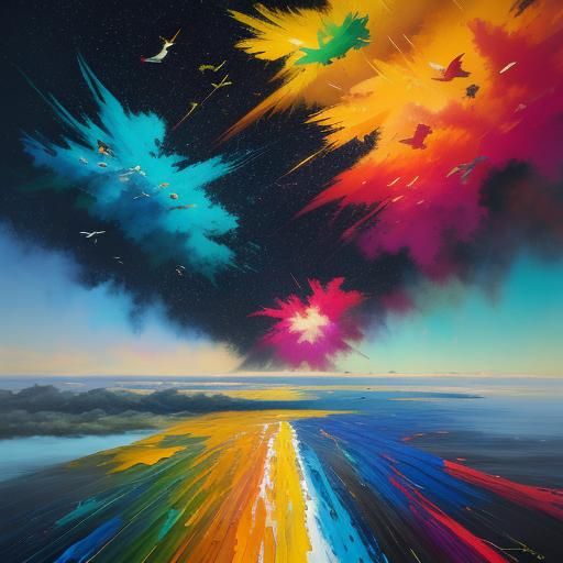 Colorful Birds in Flight: An Oil Painting