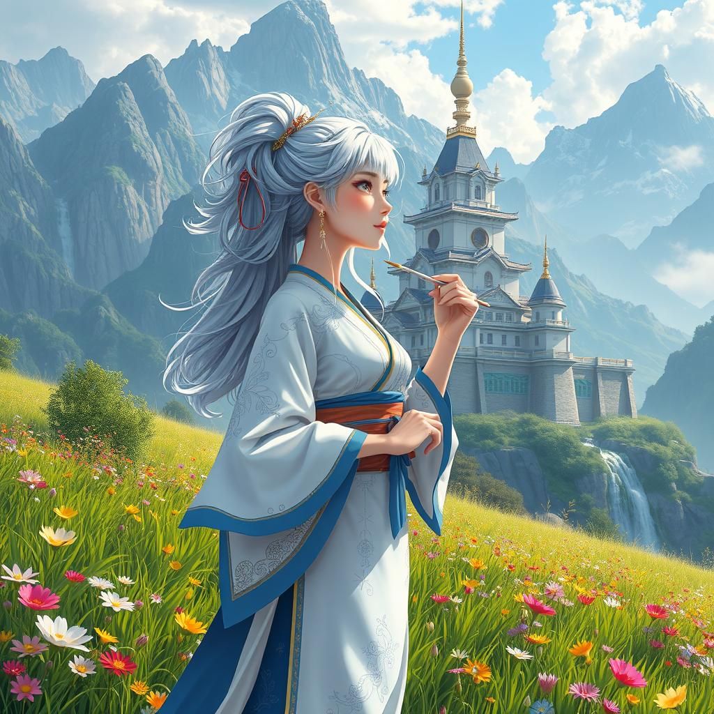 Anime Woman Painting Castle in a Lush Landscape
