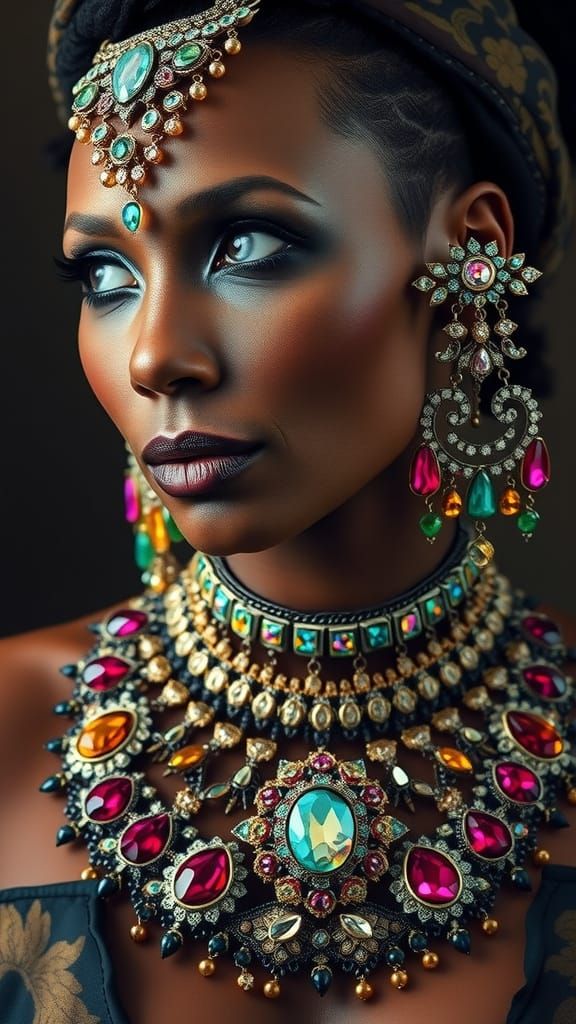Regal Woman Adorned in Opulent Gemstone Jewelry