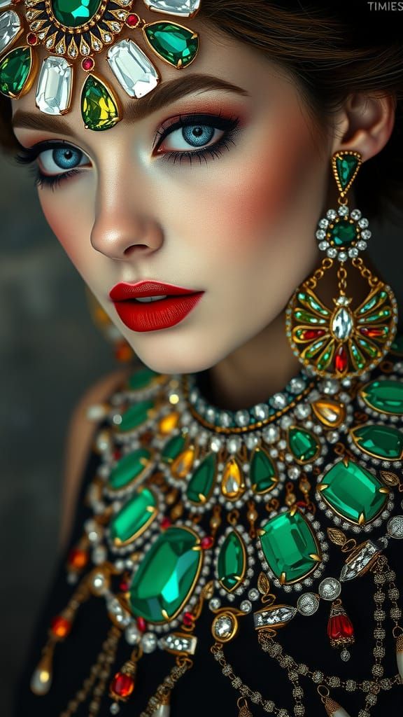 Woman Adorned with Extravagant Gemstone Jewelry in High-Fash...
