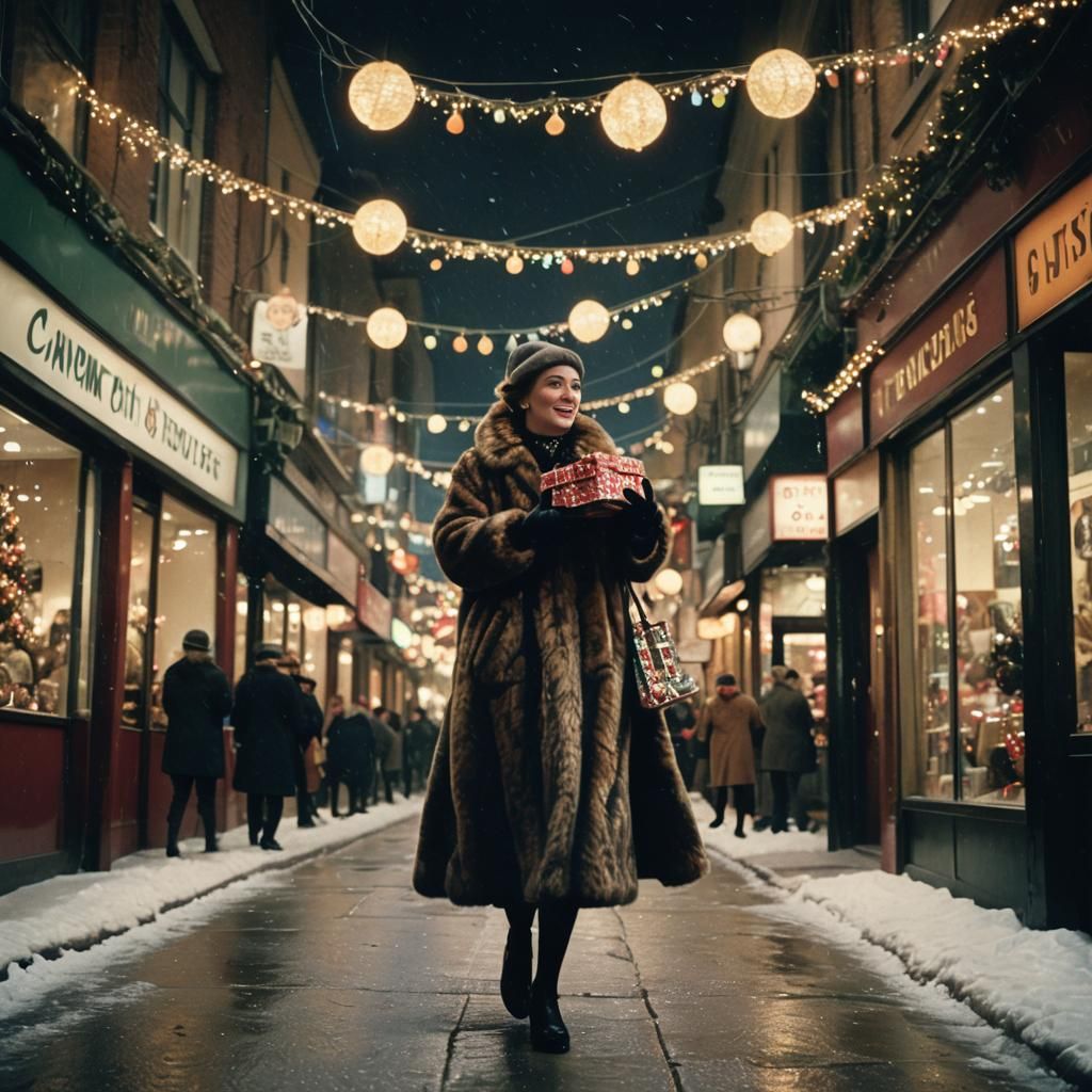 Glamorous 1950s Woman Exits Hat Shop on Christmas Eve
