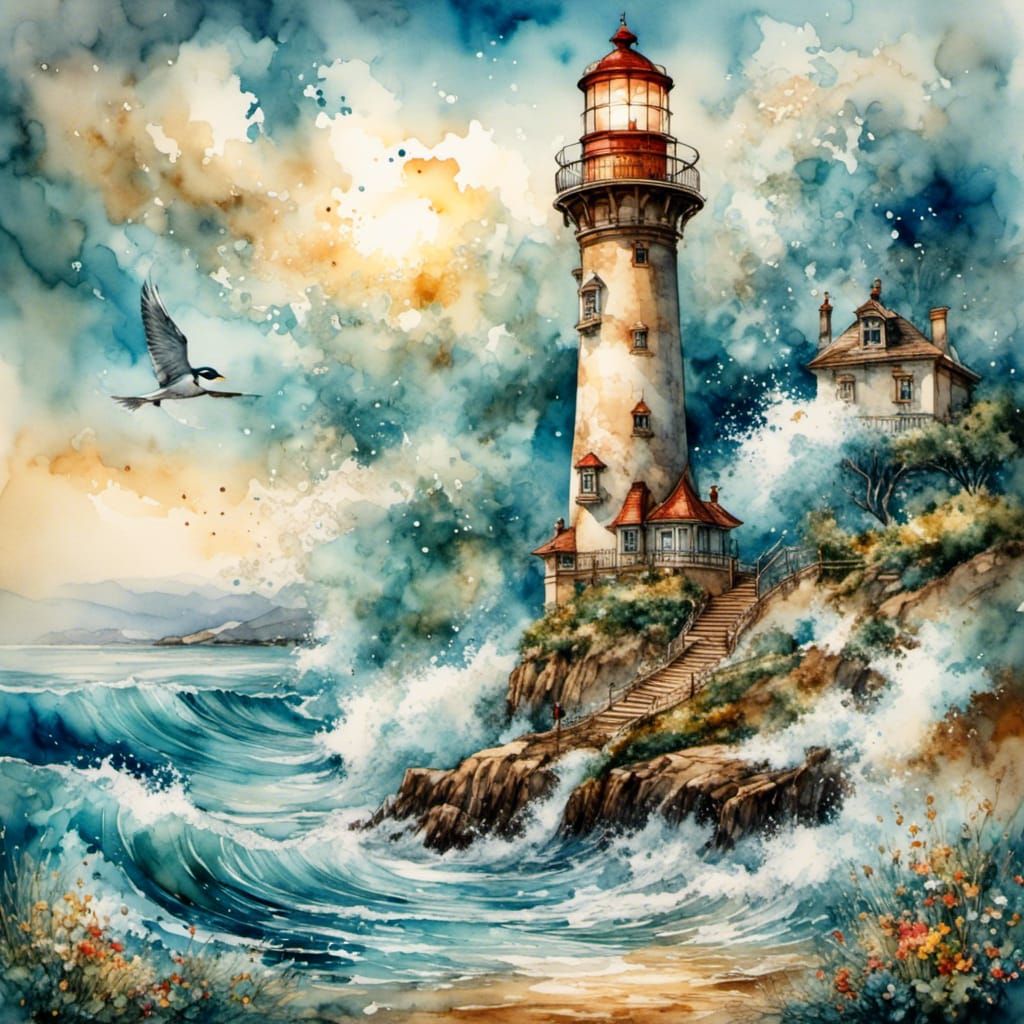 Watercolor Lighthouse on a Beach with Waves