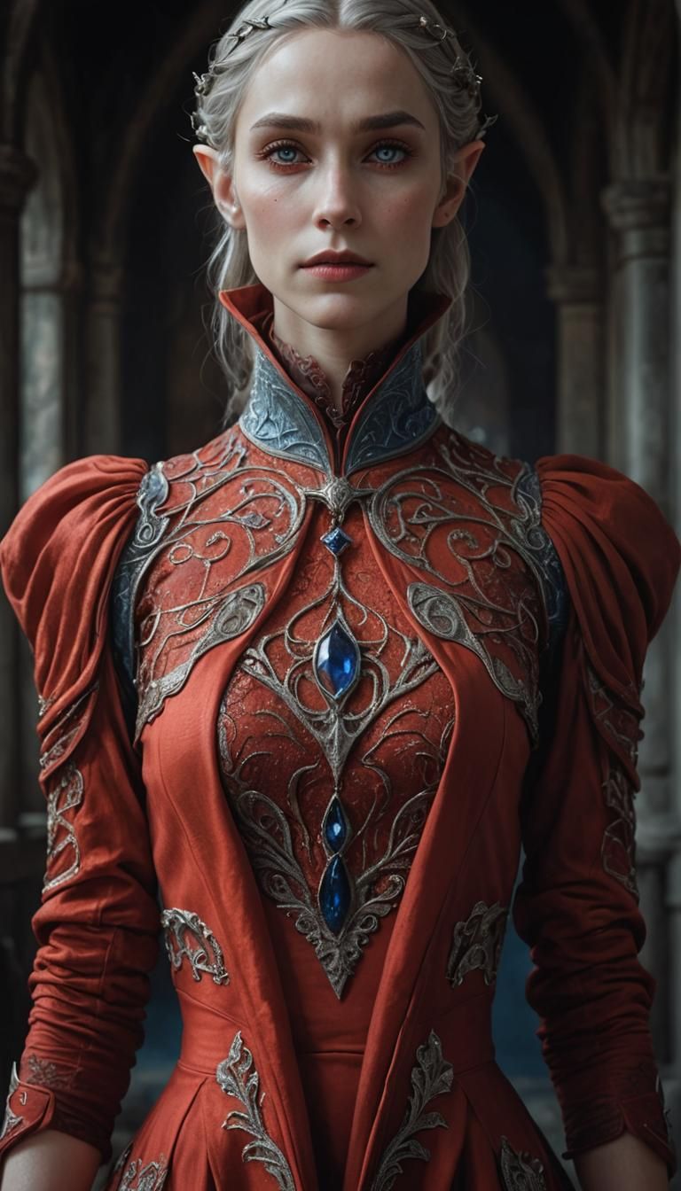 Beautiful Elf in Red Dress: Photorealistic Portrait