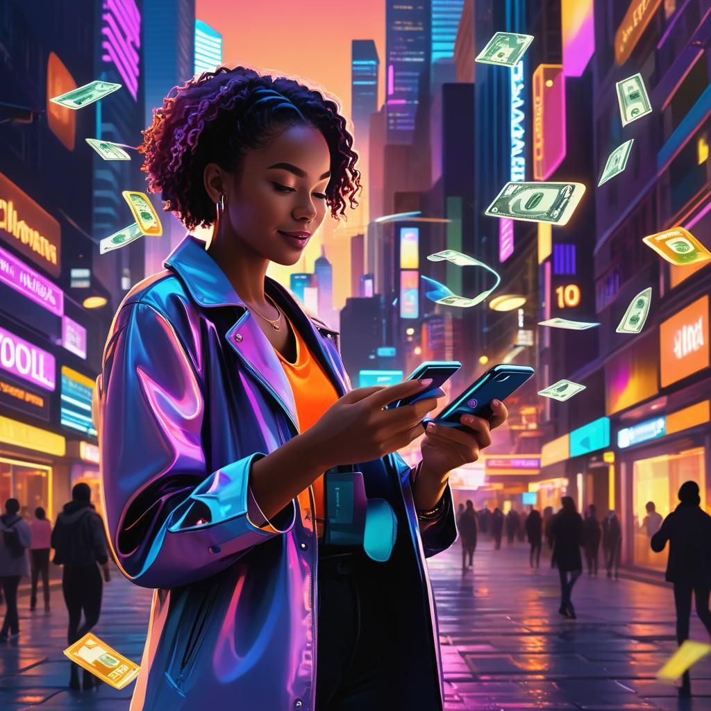 Joyful Digital Wallet Interaction in Futuristic Cityscape