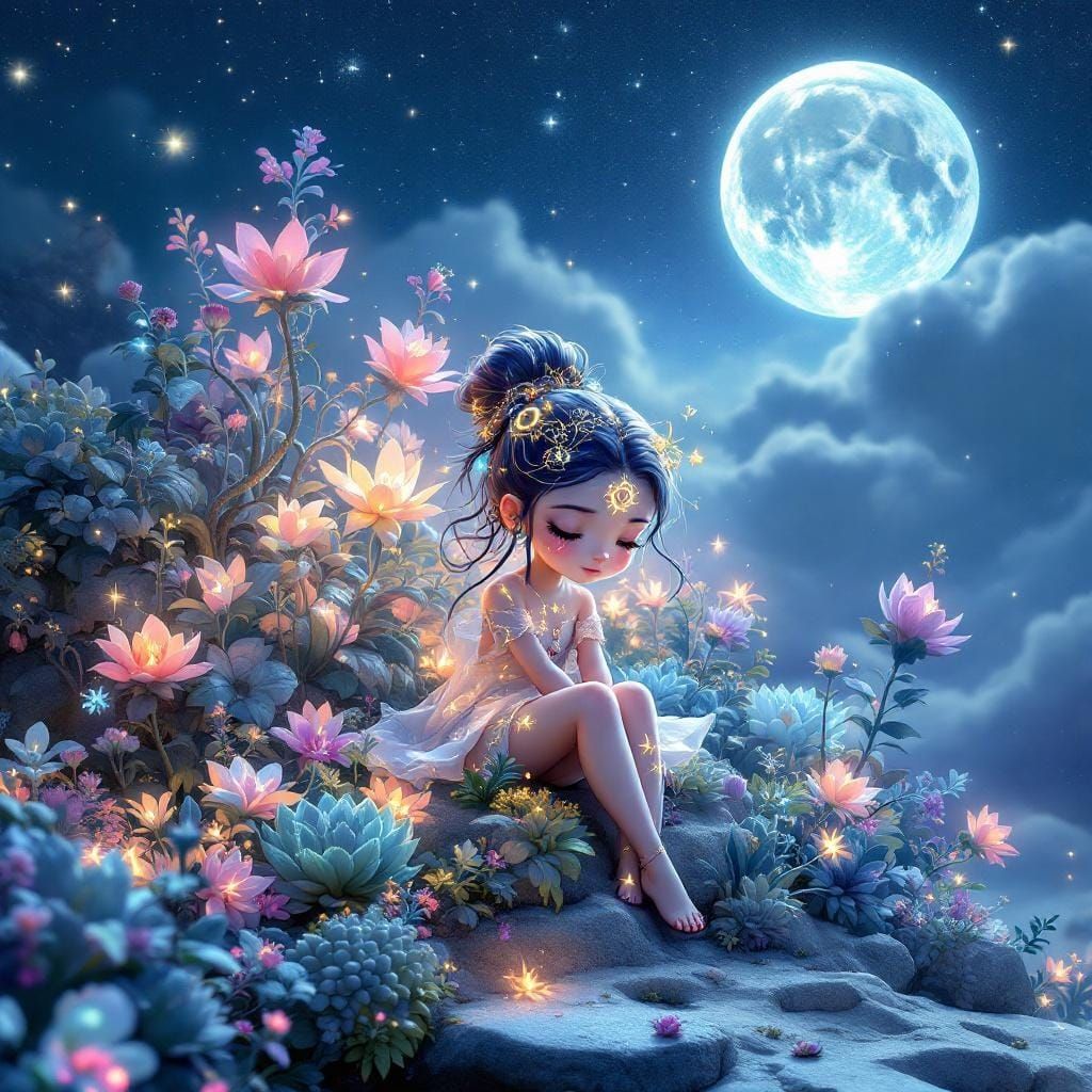 Chibi Girl's Bioluminescent Moon Garden