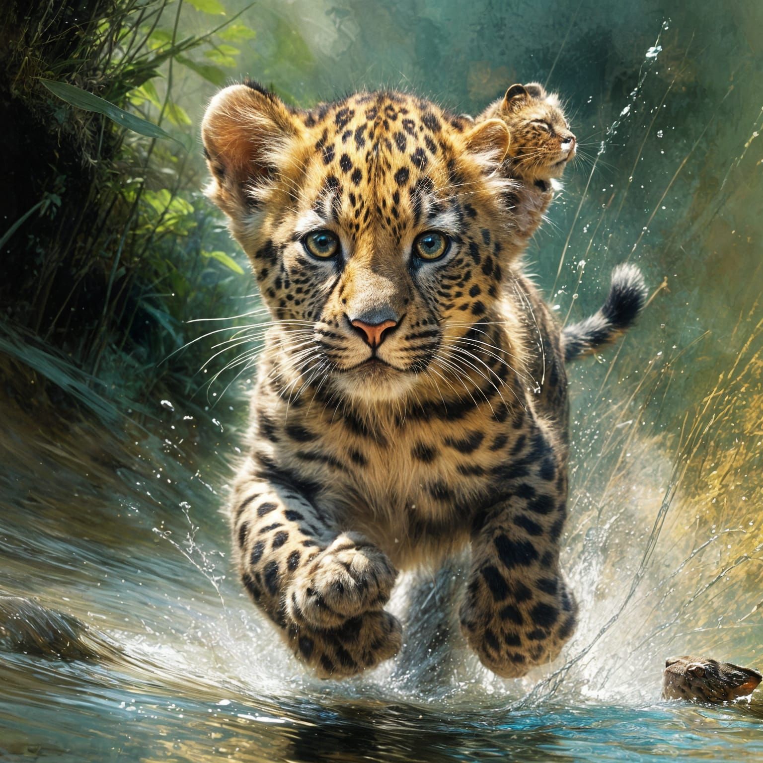Leopard Cub in Motion: Oil Painting Style